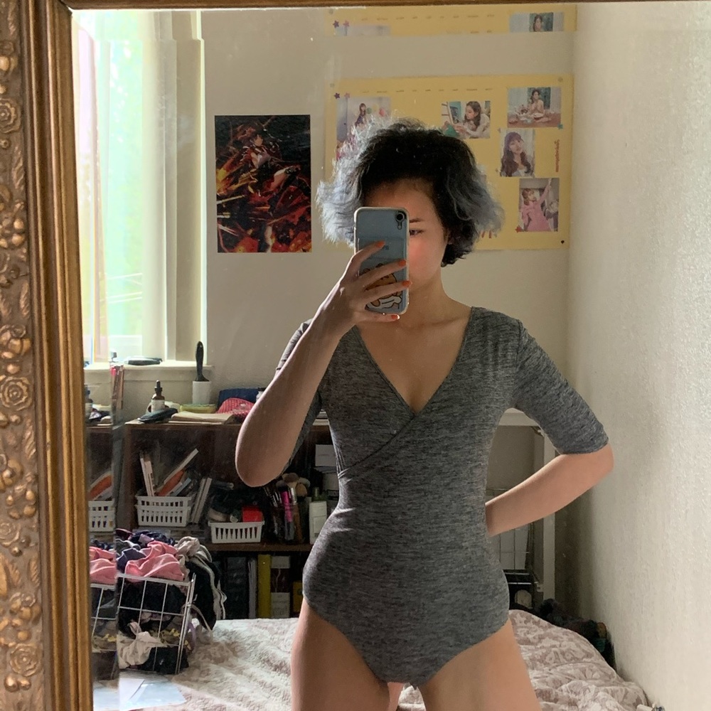 Grey v neck body suit